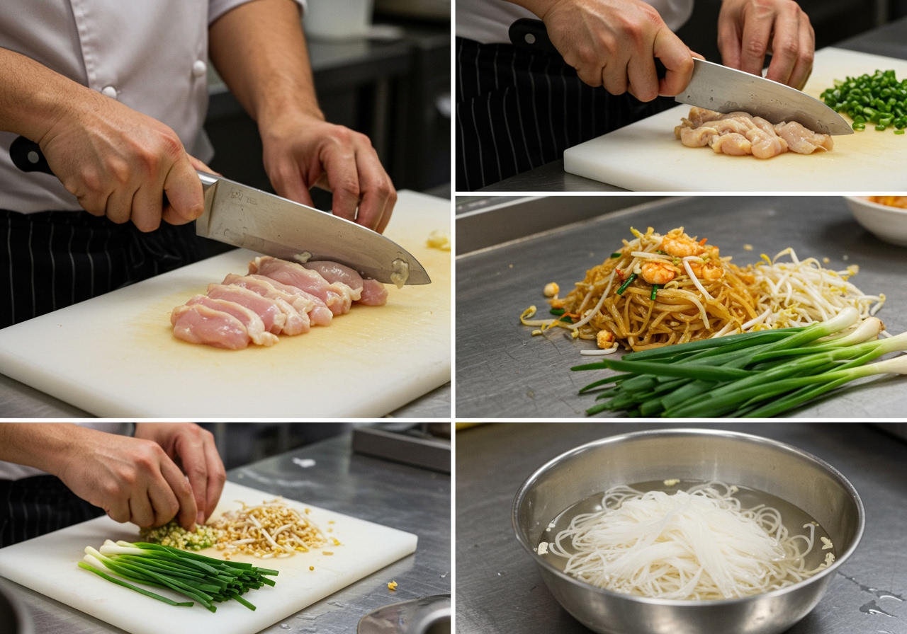 A chef's hands preparing the ingredients for Pad Thai: slicing chicken, chopping chives, mincing garlic, soaking noodles.