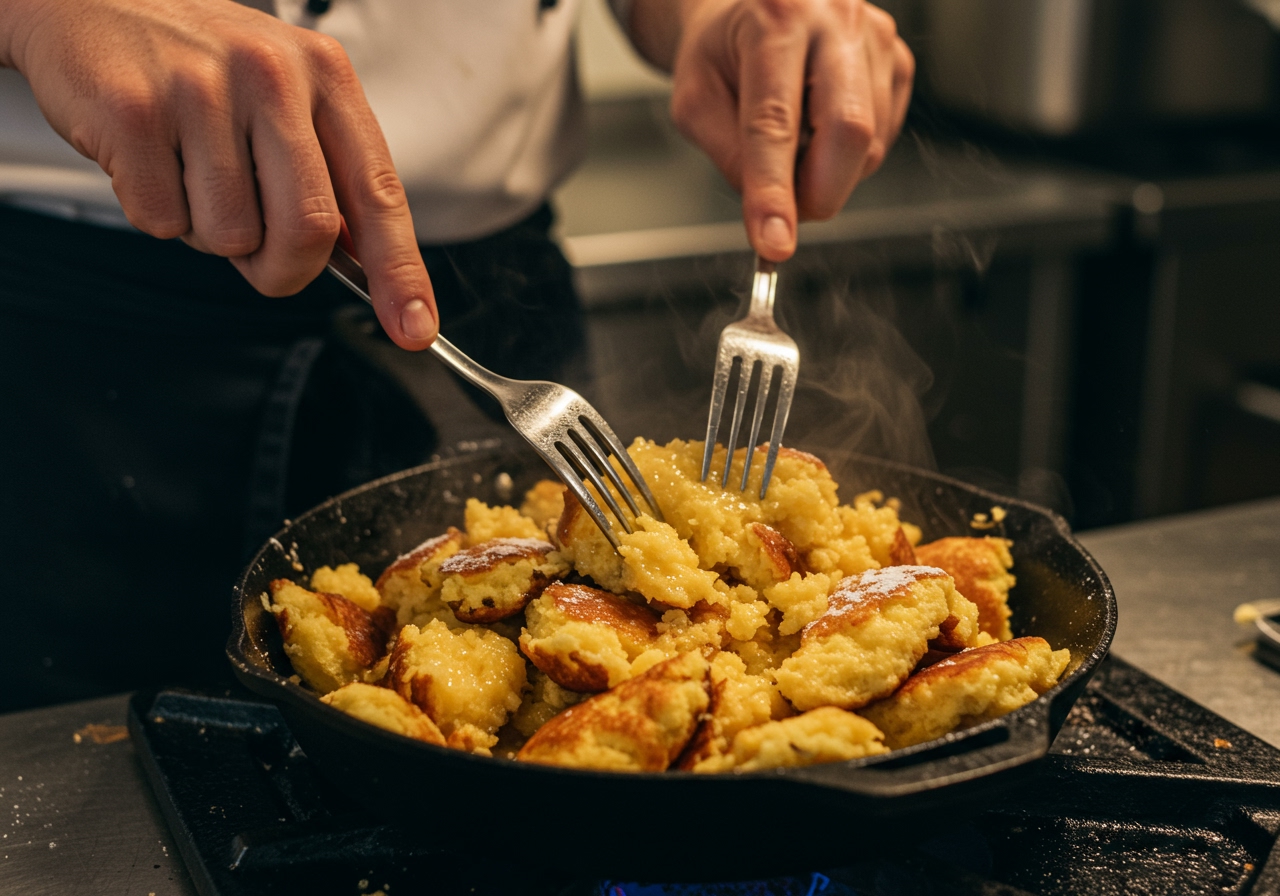 A chef's hands using two forks to shred a golden-brown Kaiserschmarrn in a cast iron pan, steam rising.