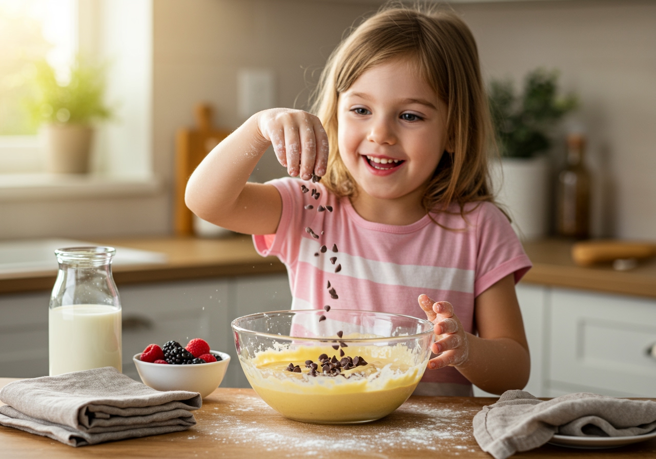 A child happily placing chocolate chips into pancake batter in a bowl