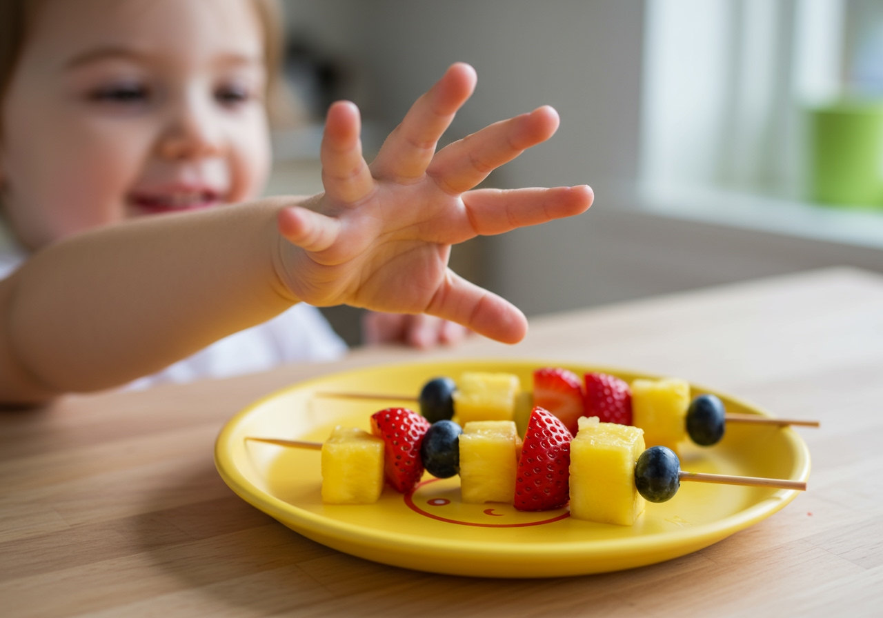A child's hand reaching for a colorful skewer with various fruits and small cheese cubes, presented on a cheerful plate.