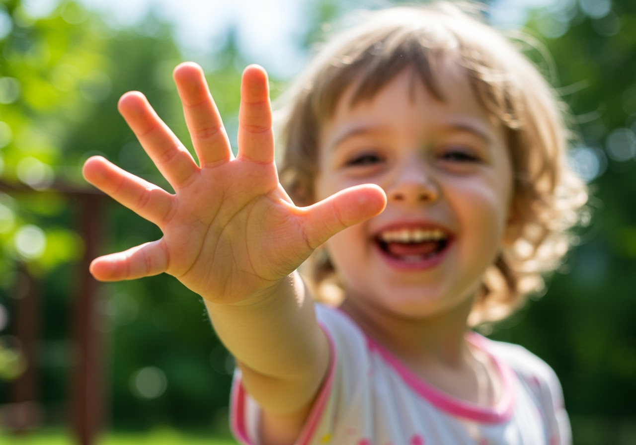 A child's hand reaching for aヘルシーレインボー スムージーポップ on a hot summer day, with a joyful expression. The background is a bright, sunny outdoor setting, possibly a garden or park.