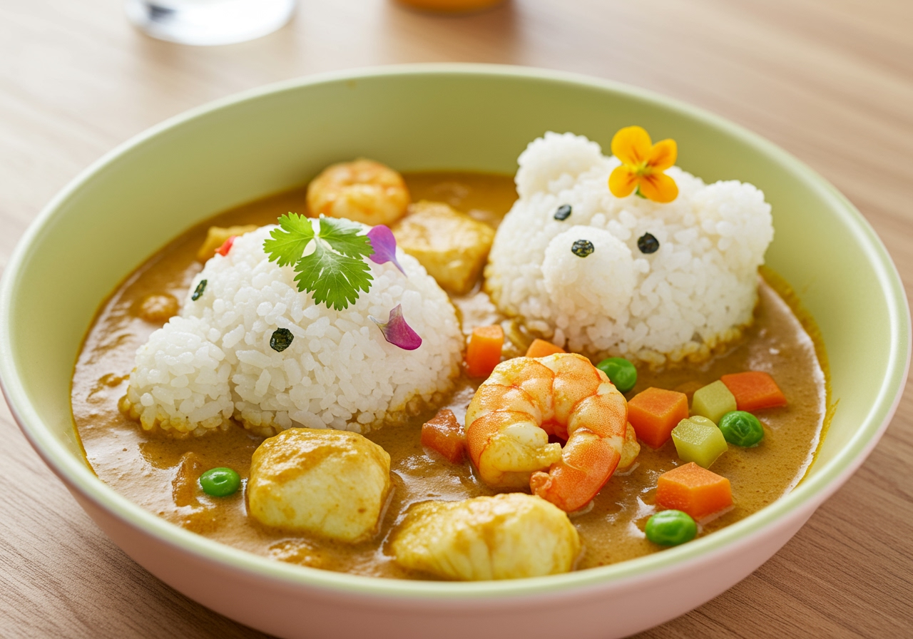 A child's portion of seafood curry served creatively, perhaps with rice shaped like an animal or colorful vegetable toppings.