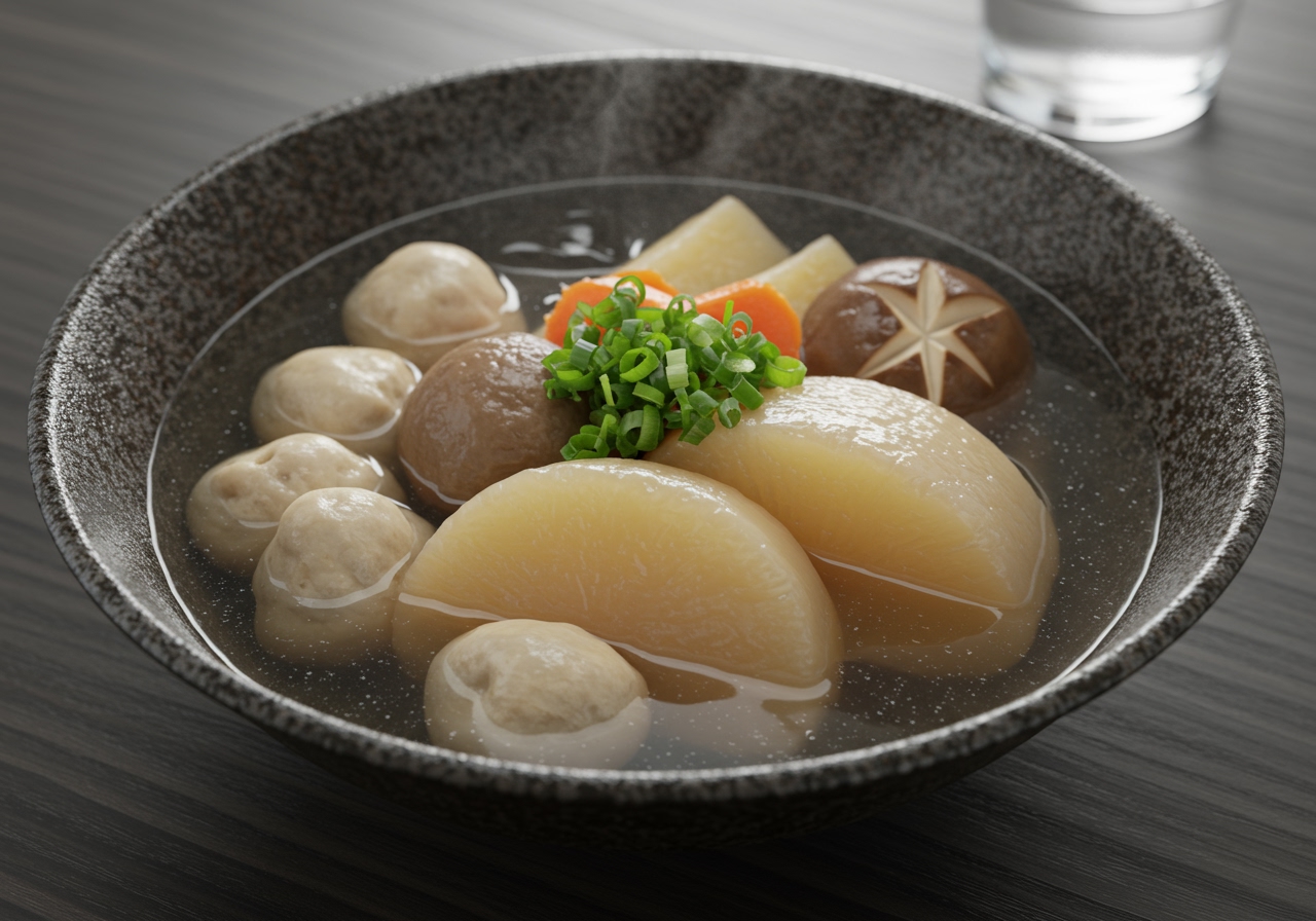 A chilled bowl of chilled oden (冷やしおでん) on a table, perhaps with some condensation on the bowl, conveying a sense of being refreshingly cold. Ingredients are visible in the clear broth.