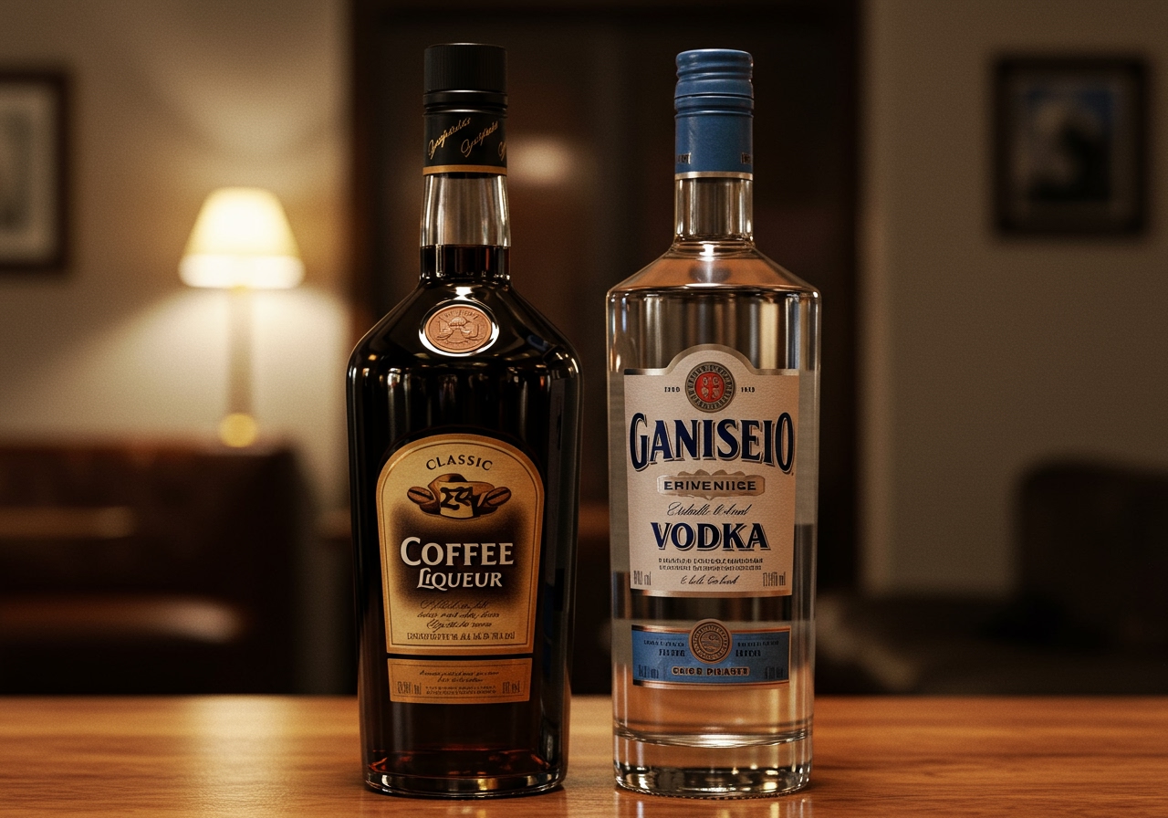 A classic bottle of coffee liqueur and a bottle of vodka side-by-side.