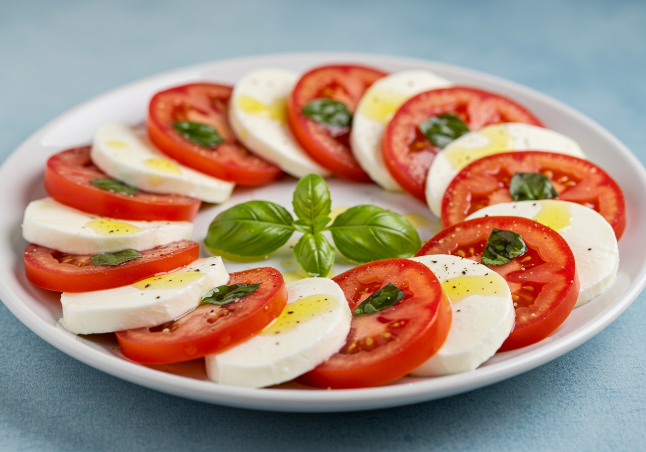 A classic circular arrangement of sliced tomatoes, mozzarella, and basil on a white plate, drizzled with olive oil.