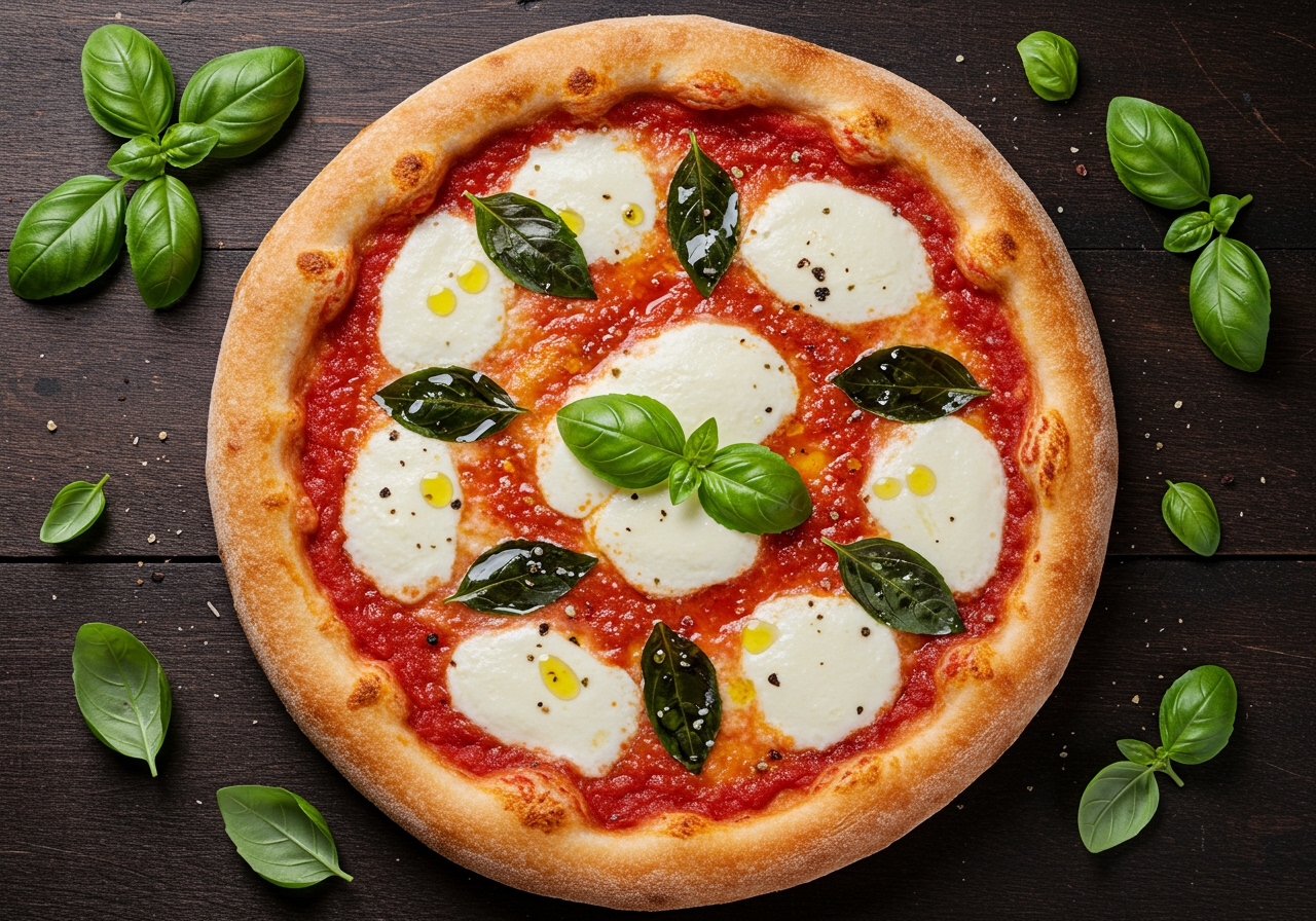 A classic Margherita pizza with fresh mozzarella, basil, and tomato sauce, baked on a crispy crust