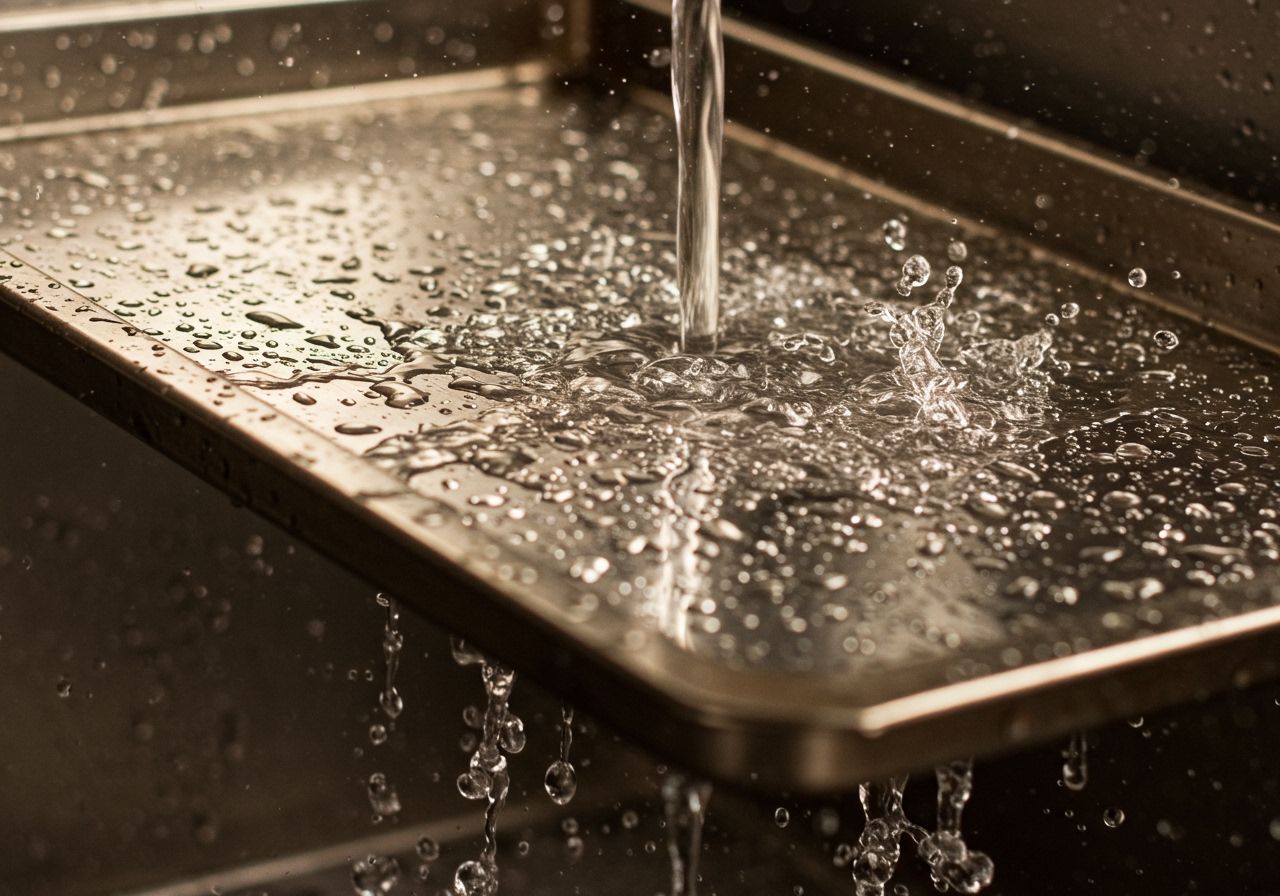 A clean and shiny oven tray being rinsed under running water