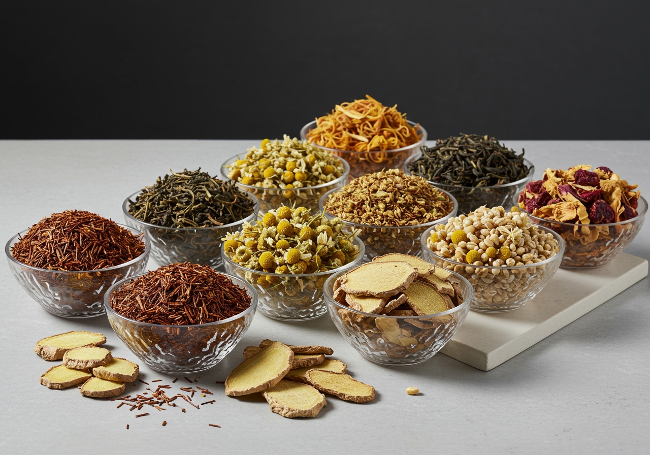 A clean, organized display of various dried non-caffeinated tea ingredients like rooibos leaves, chamomile flowers, roasted barley, and ginger slices.
