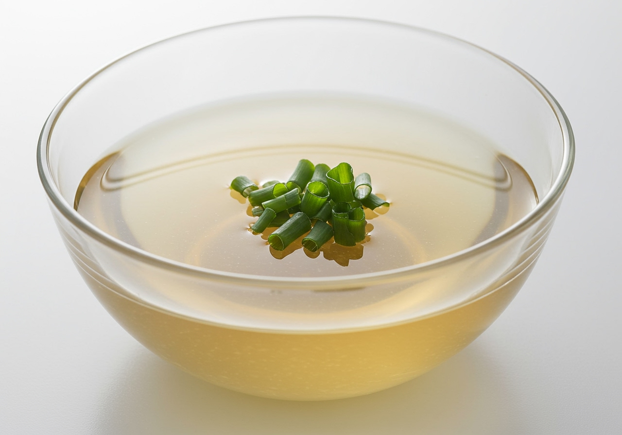 A clear bowl of light broth or dashi with a few small green onion pieces floating on top.
