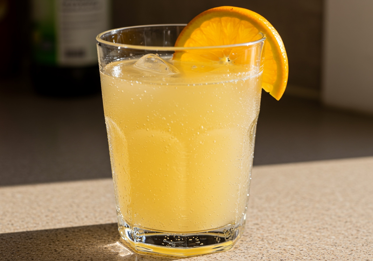 A clear glass filled with a homemade electrolyte drink, garnished with a citrus slice, with a bright, inviting look.