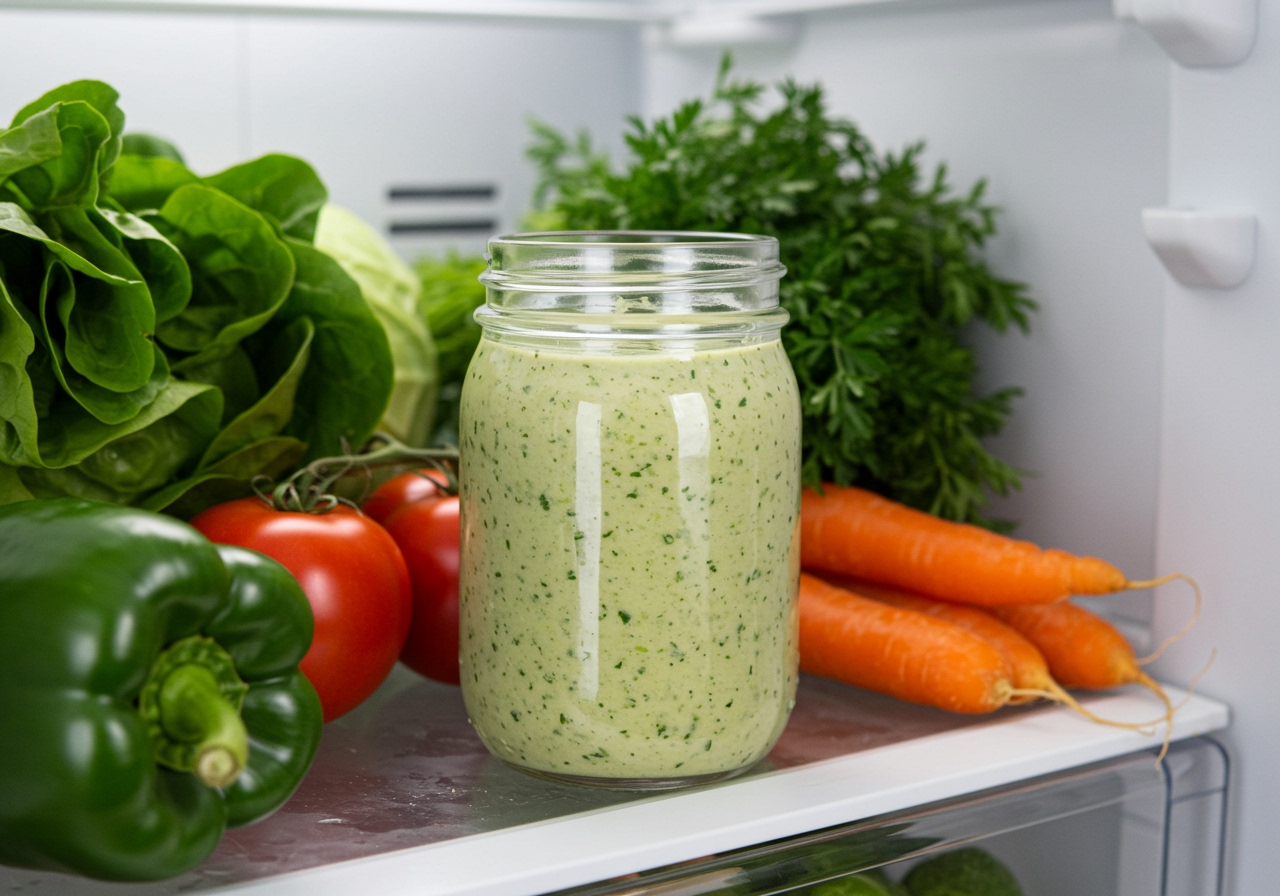 A clear glass jar filled with the creamy shallot and parsley vinaigrette, placed in an open refrigerator door amongst fresh vegetables and healthy ingredients, suggesting fresh storage.