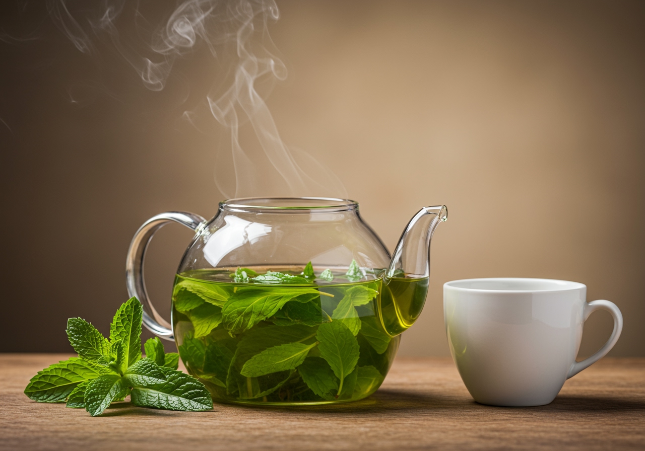 A clear teapot filled with brewing peppermint tea and fresh mint leaves, with steam gently rising, next to a cup.