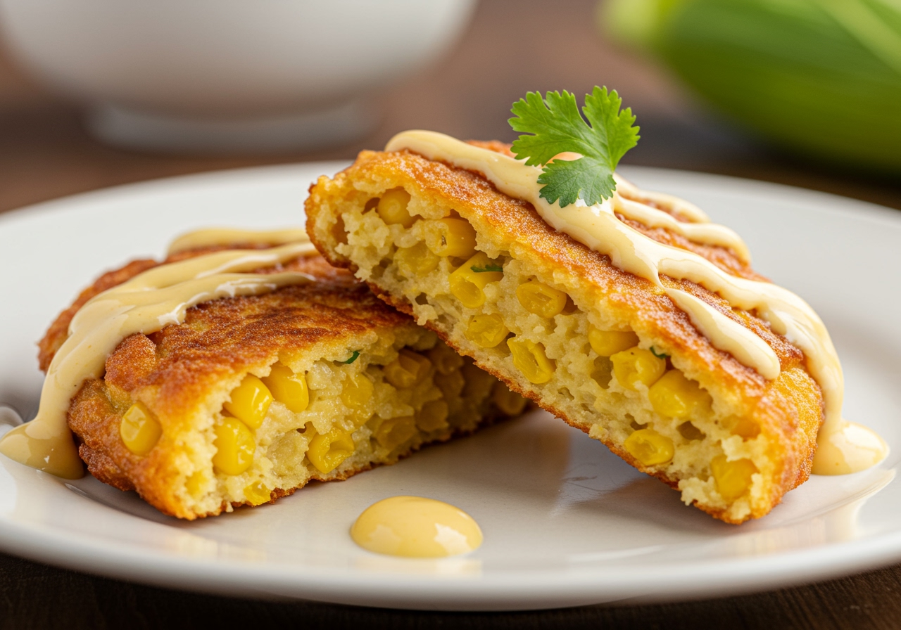 A close-up, appetizing shot of a single golden-brown Mexican street corn fritter cut in half, revealing its moist, corn-filled interior. It's drizzled with a creamy, pale yellow sauce and garnished with a tiny sprig of fresh cilantro. The background is softly blurred to keep focus on the fritter's texture and enticing appearance.