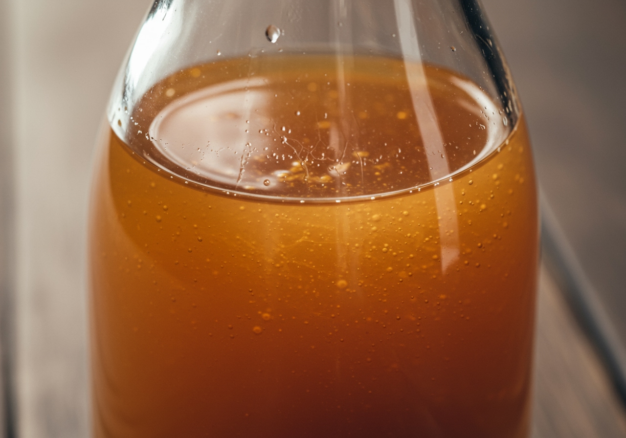 A close-up image of a bottle of raw, unfiltered apple cider vinegar with the 'mother' visible