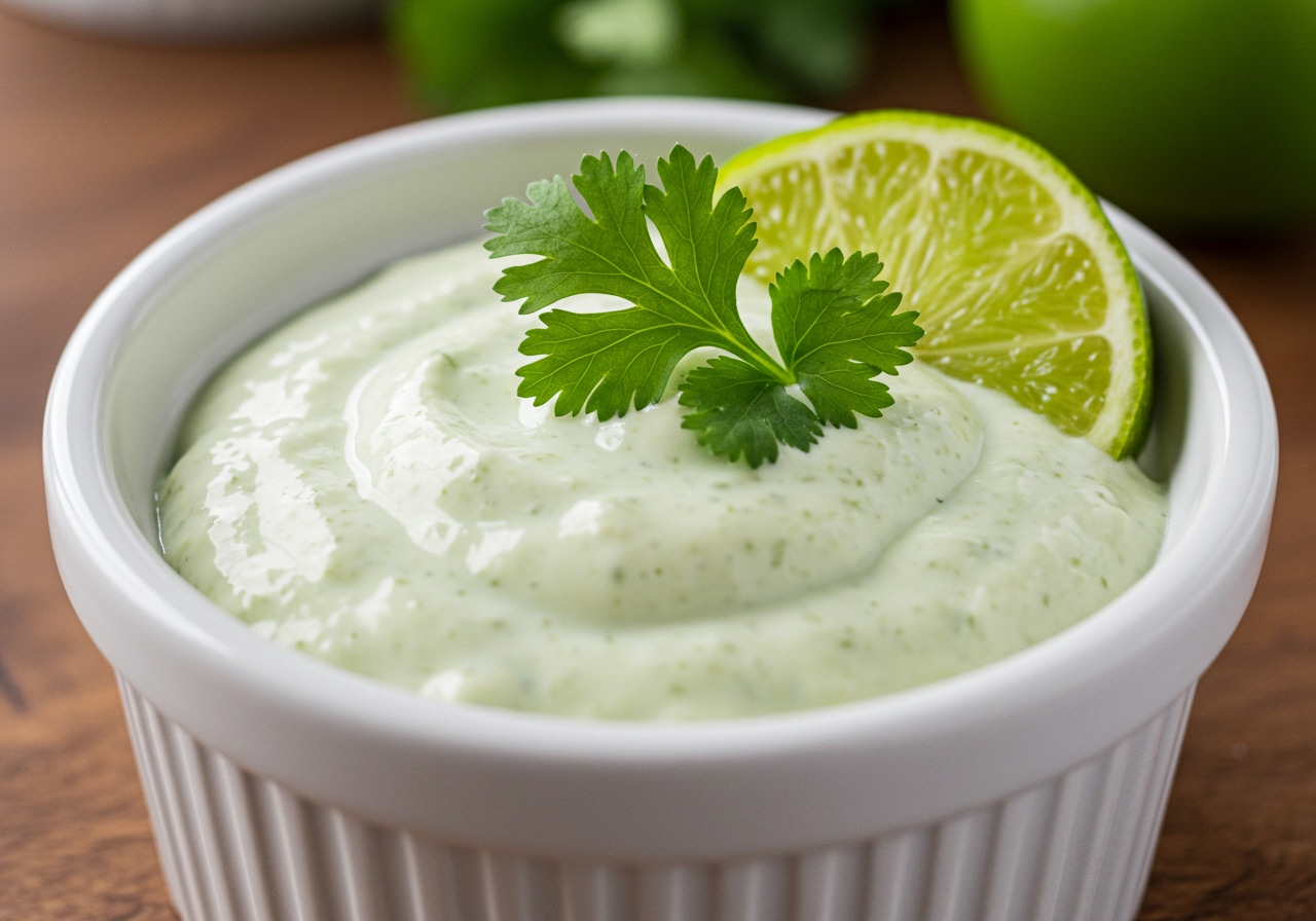 A close-up image of the finished cilantro lime yogurt sauce in a small bowl, garnished with a sprig of cilantro and a lime wedge.