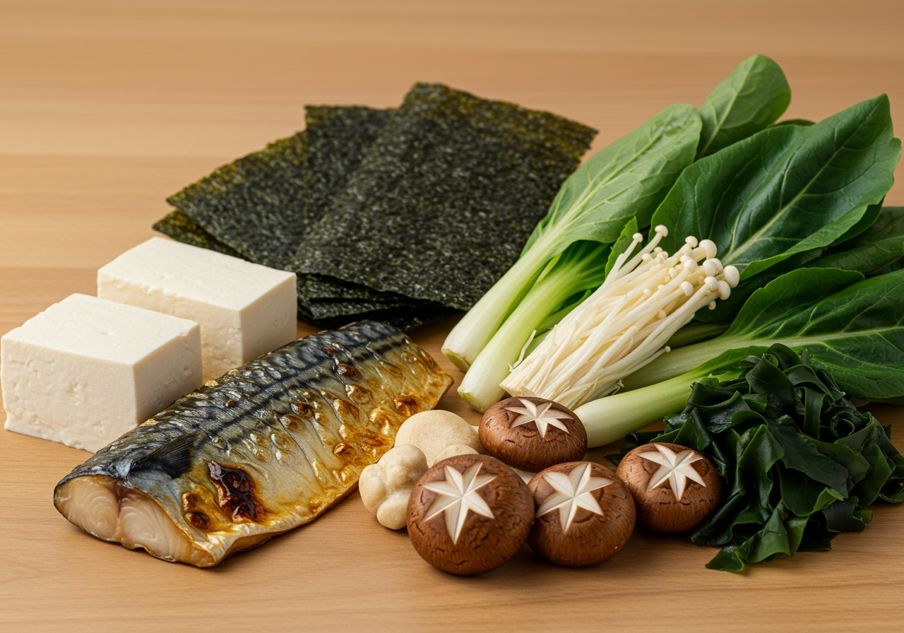 A close-up image of various Japanese ingredients known for health benefits: a piece of grilled mackerel, blocks of tofu, dried seaweed, assorted mushrooms, and leafy greens.