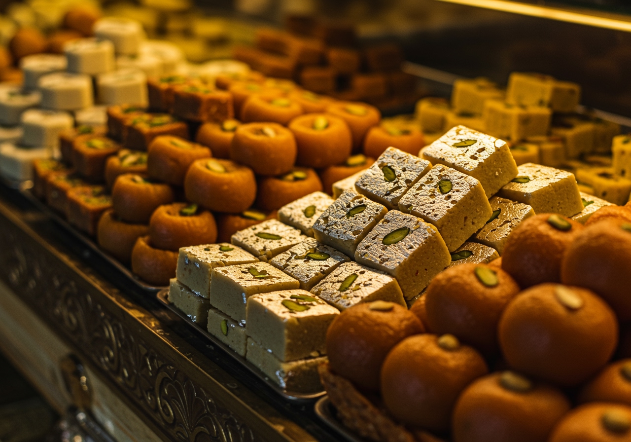 A close-up image of various vibrant and intricately decorated Indian sweets (mithai) in a shop display.