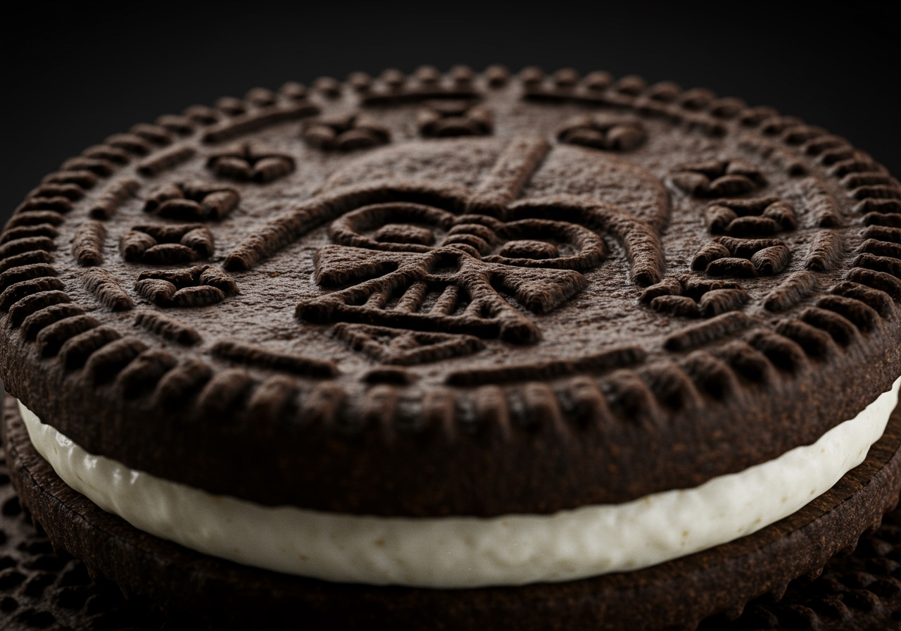 A close-up macro shot of a single Oreo Star Wars cookie showing the detailed imprint of Darth Vader's helmet.