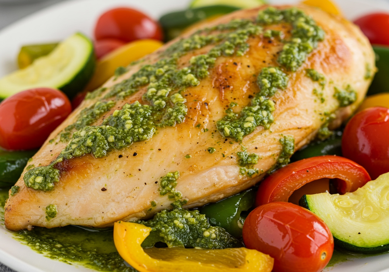 A close-up, mid-angle shot of a piece of juicy chicken and vibrant vegetables coated in pesto, showing the texture and color.