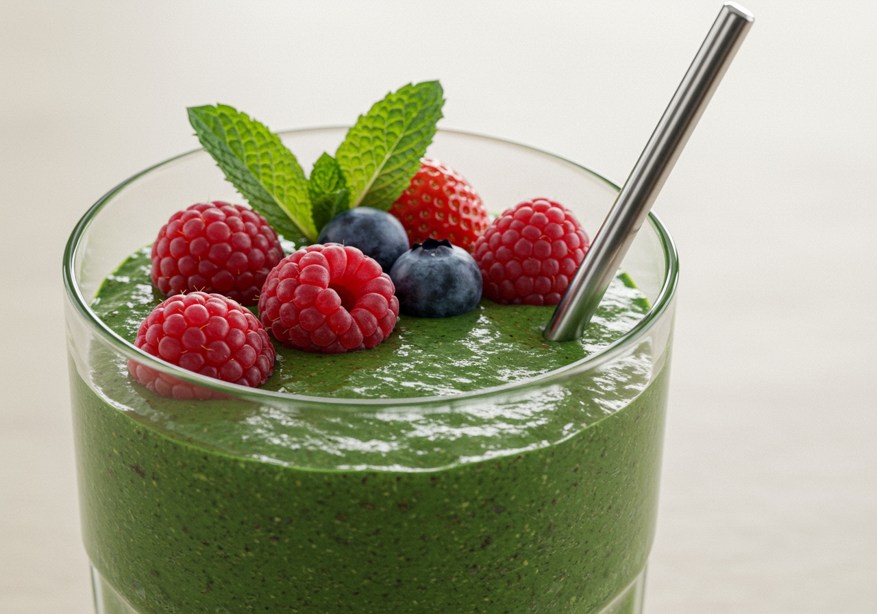 A close-up of a beautifully blended berry green smoothie with a reusable metal straw, garnished with fresh whole berries and a mint leaf, on a light background.