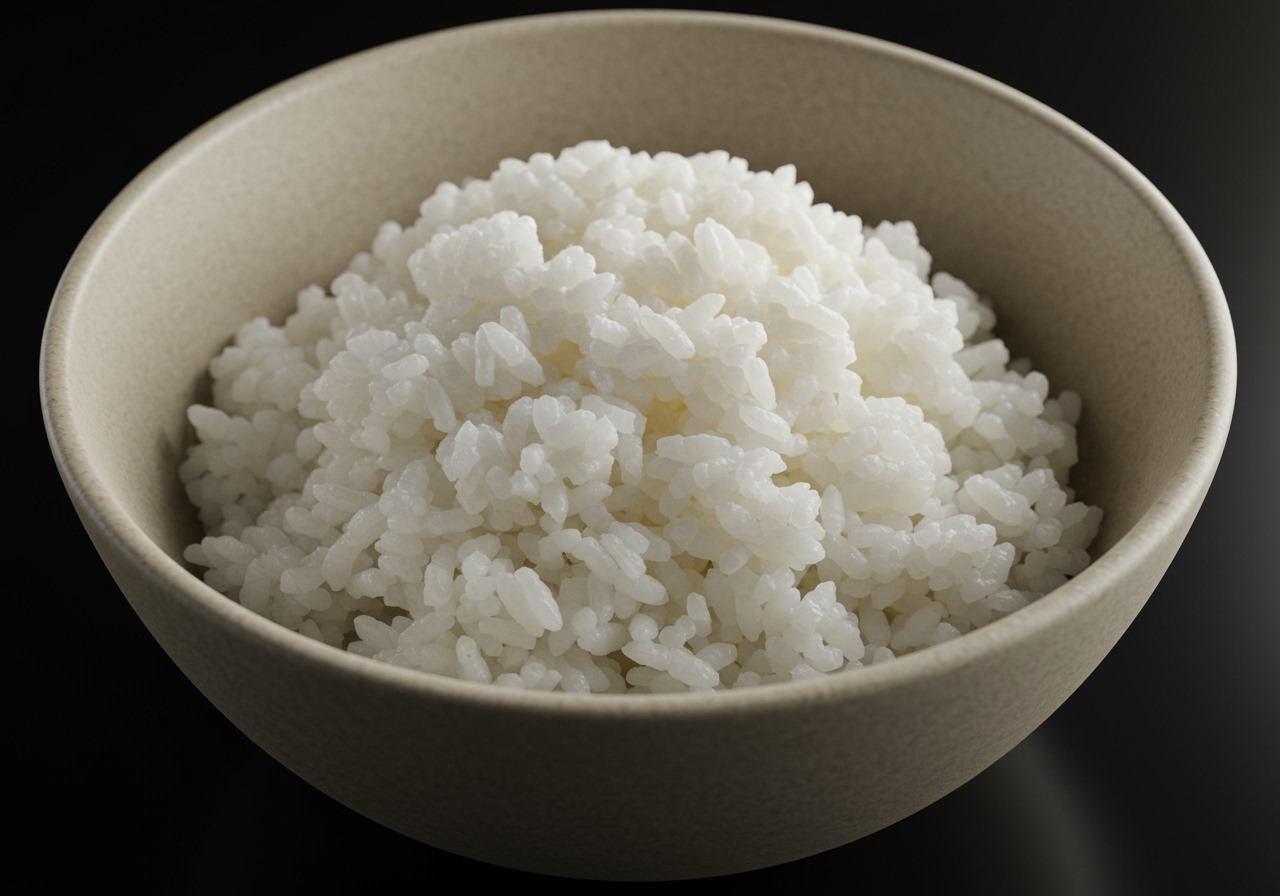 A close-up of a bowl of cold rice, ready for toppings and broth.
