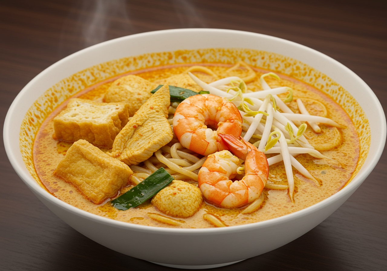 A close-up of a bowl of creamy Curry Laksa, showing noodles, chicken, shrimp, tofu puffs, and bean sprouts in a rich, red-orange coconut milk broth.