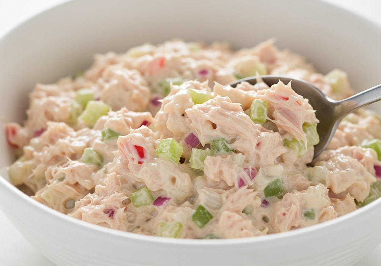 A close-up of a bowl of freshly made tuna salad, showing the creamy texture and small pieces of vegetables, with a spoon digging in.