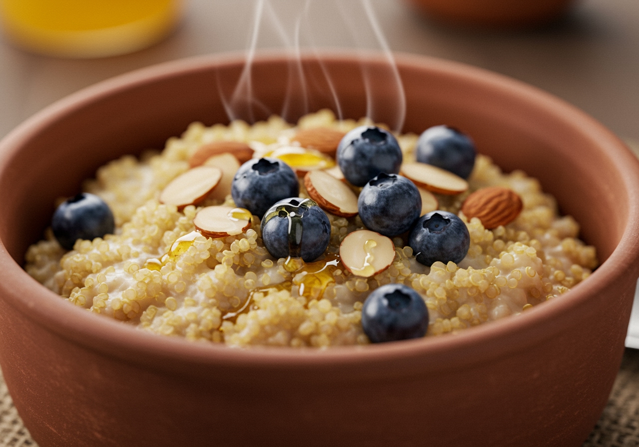 A close-up of a bowl of warm quinoa porridge, topped with sliced almonds, blueberries, and a drizzle of honey, steam gently rising.