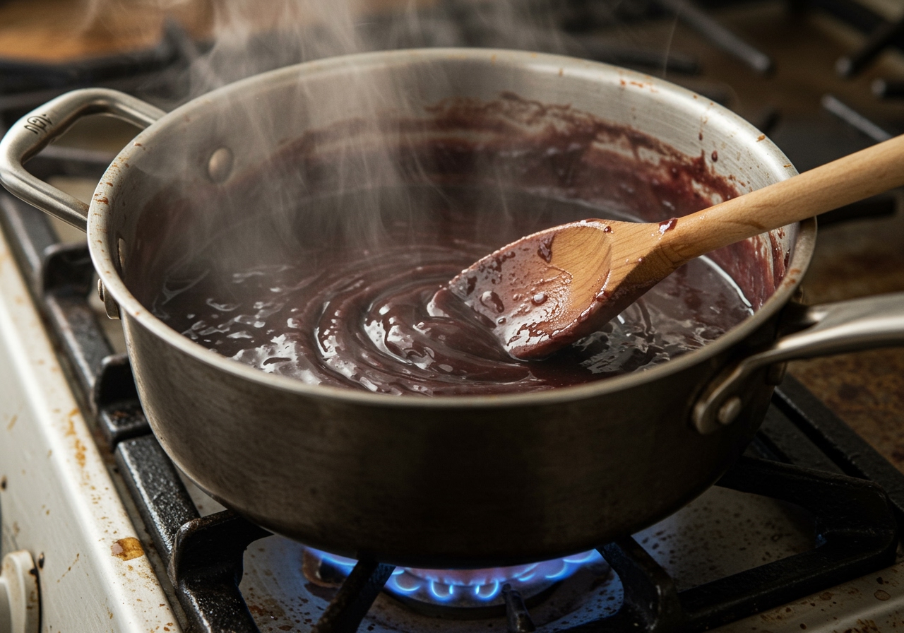 A close-up of a bubbling pot of plum pudding sauce on a stove, with steam rising, and a wooden spoon stirring the rich, purple liquid.