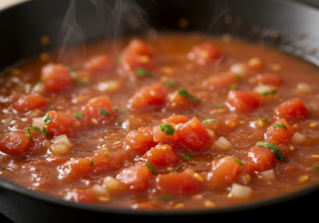 A close-up of a bubbling, rich red salsa ranchera simmering in a pan, with visible chunks of tomato and onion.
