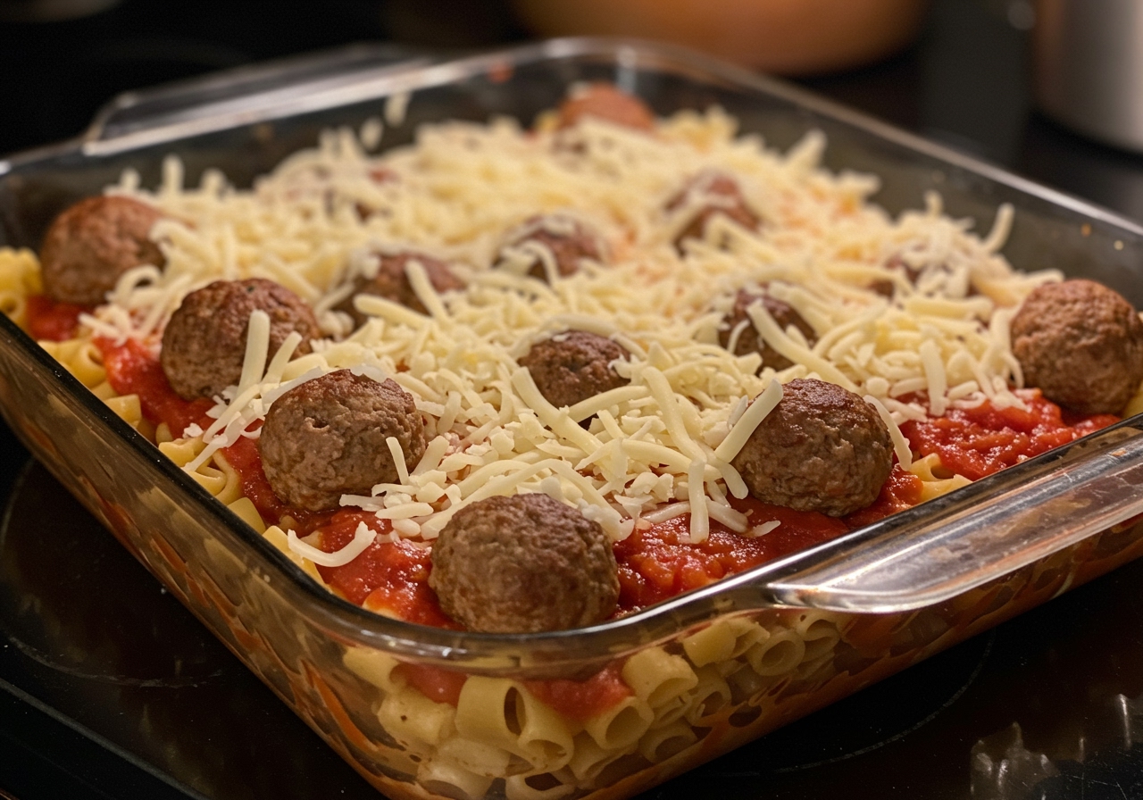 A close-up of a casserole dish with uncooked layered meatball pasta bake, showing distinct layers of pasta, sauce, meatballs, and cheese, ready for the oven.