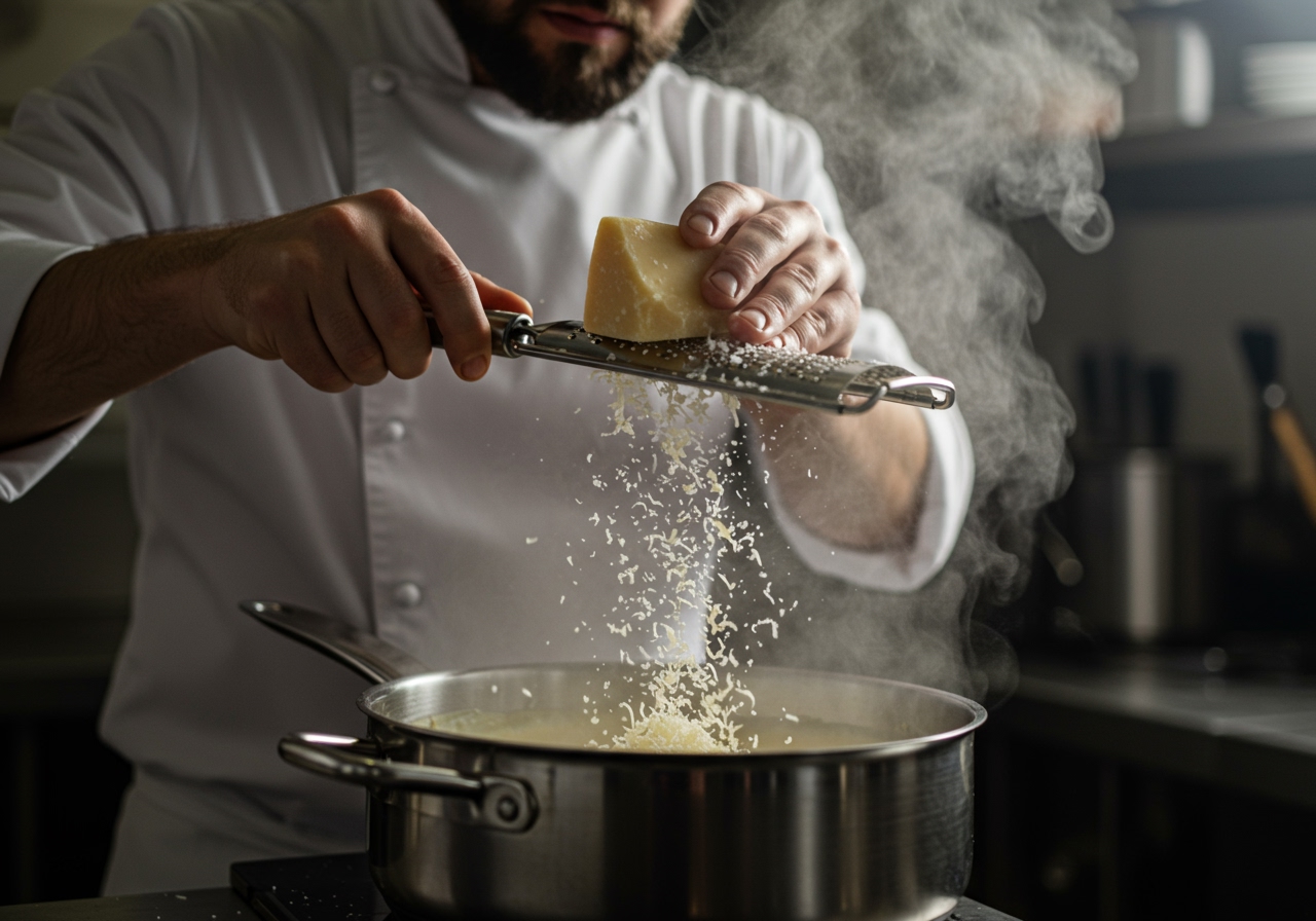 A close-up of a chef grating fresh Parmesan cheese directly into a simmering pot of Alfredo sauce, with steam rising.