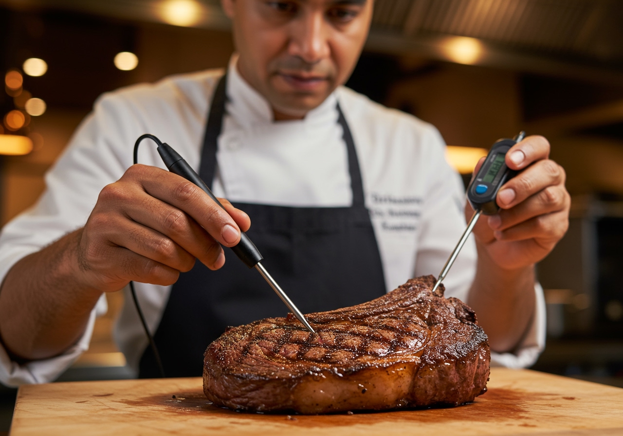 A close-up of a chef using a digital meat thermometer to check the internal temperature of a perfectly seared steak, which has a beautiful crust.