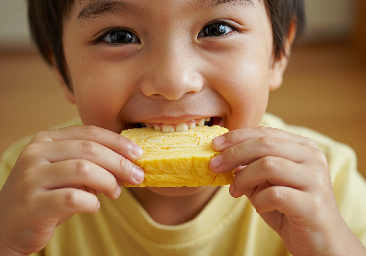 A close-up of a child eating a small piece of tamagoyaki happily.