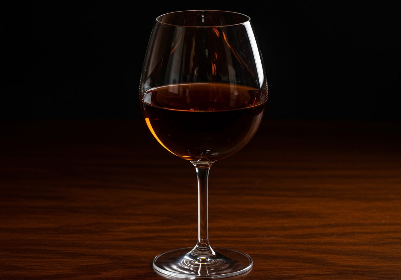 A close-up of a crystal wine glass holding a vibrant, amber-colored Madeira wine, with reflections of light on its surface, placed on an elegant wooden table.