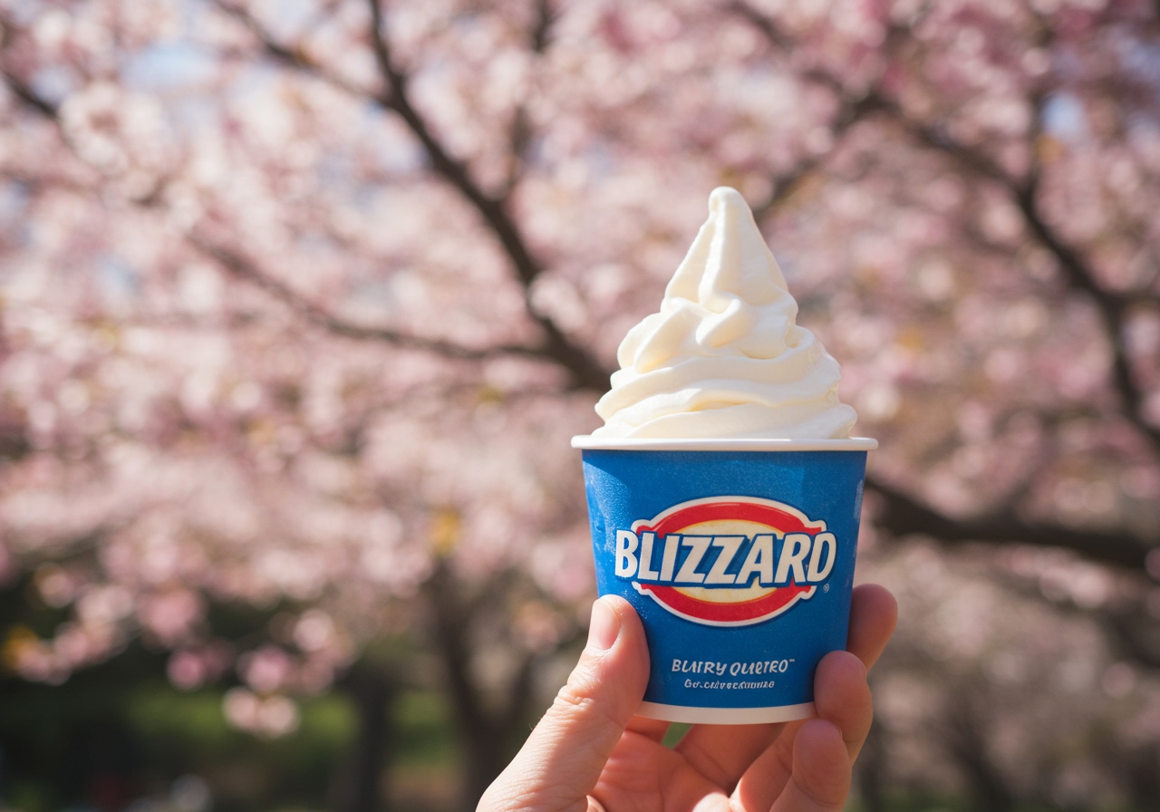 A close-up of a Dairy Queen Blizzard being enjoyed outdoors during springtime, with soft sunlight and blurred cherry blossoms in the background.