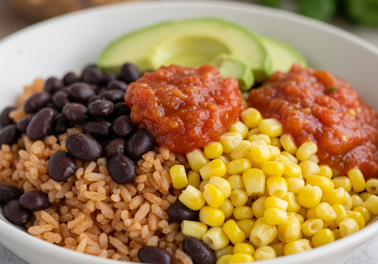 A close-up of a delicious burrito bowl featuring easy Mexican rice, black beans, corn, avocado, and salsa.