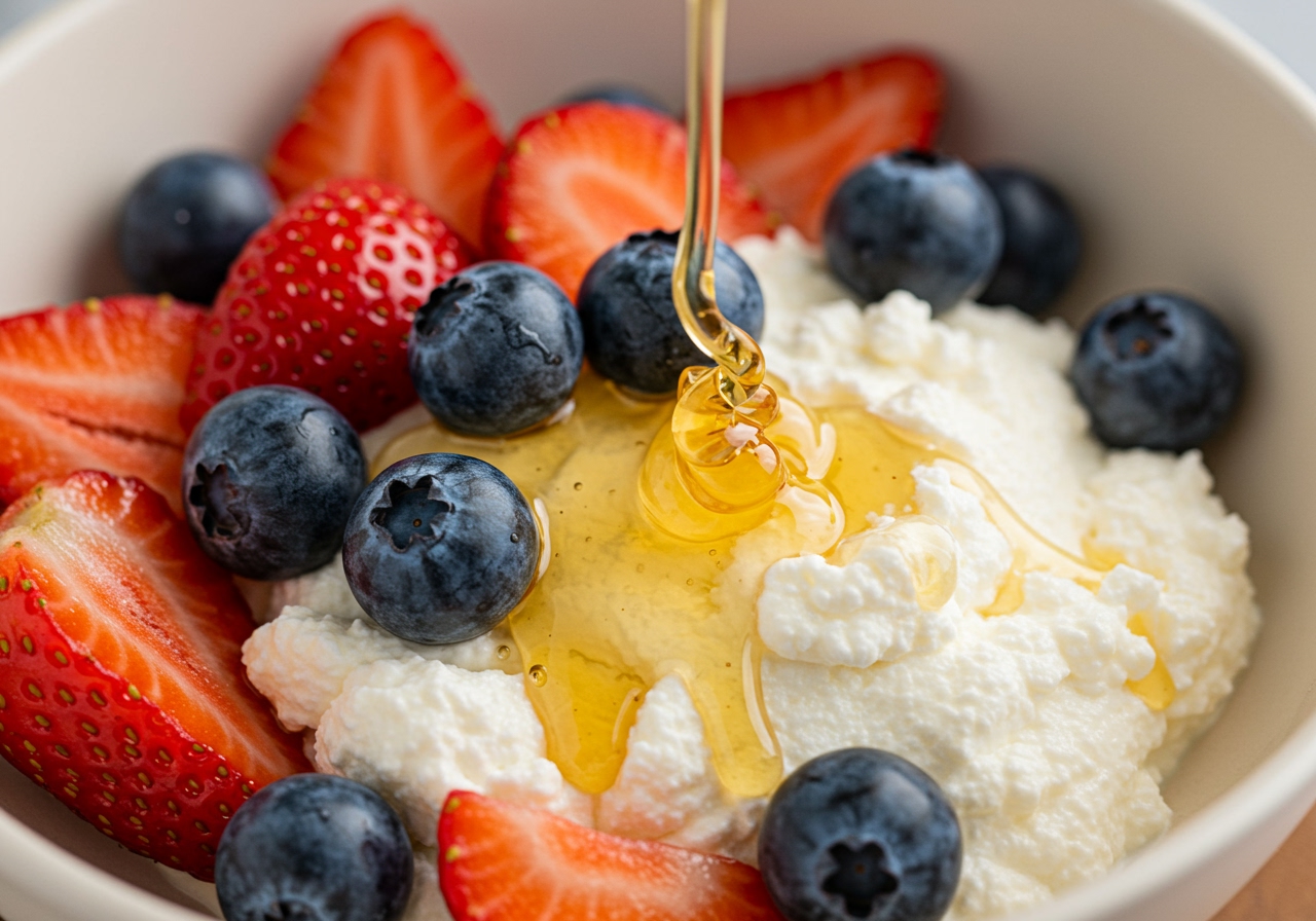 A close-up of a dessert bowl filled with creamy ricotta cheese, fresh strawberries, blueberries, and a drizzle of honey.