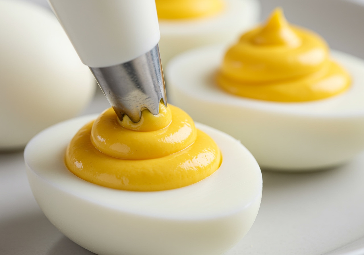 A close-up of a deviled egg being filled with creamy yolk mixture using a piping bag.