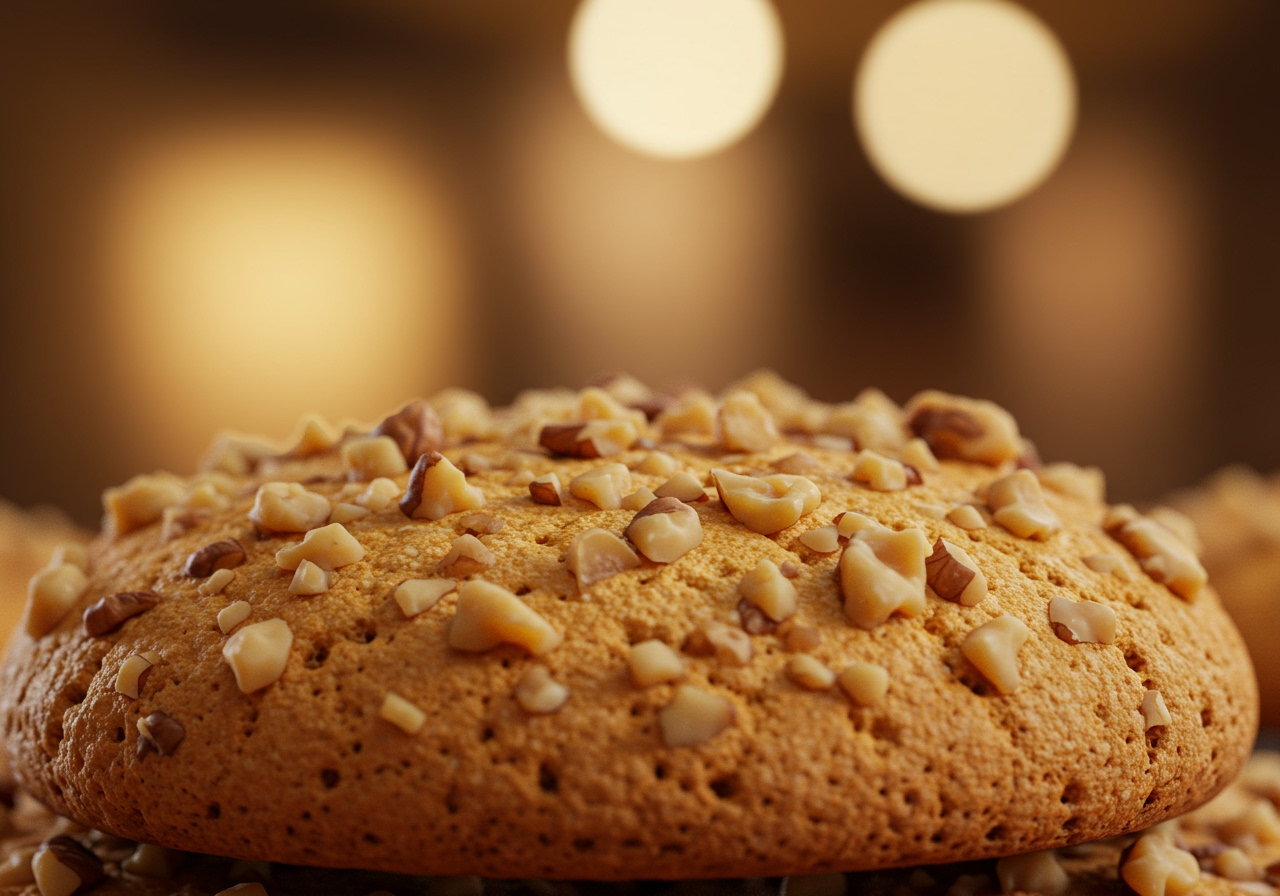 A close-up of a Finikia cookie showing the texture and walnut topping, with a warm bokeh background