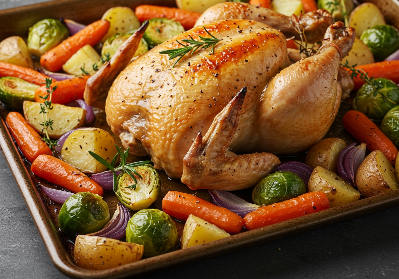 A close-up of a finished sheet pan dinner, showing perfectly roasted chicken, caramelized vegetables, and herbs, ready to be served.