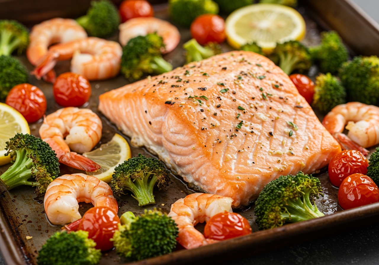 A close-up of a finished sheet pan seafood grill, showing perfectly cooked salmon with crispy skin, bright pink shrimp, roasted broccoli florets, cherry tomatoes, and lemon slices, all on a single sheet pan.