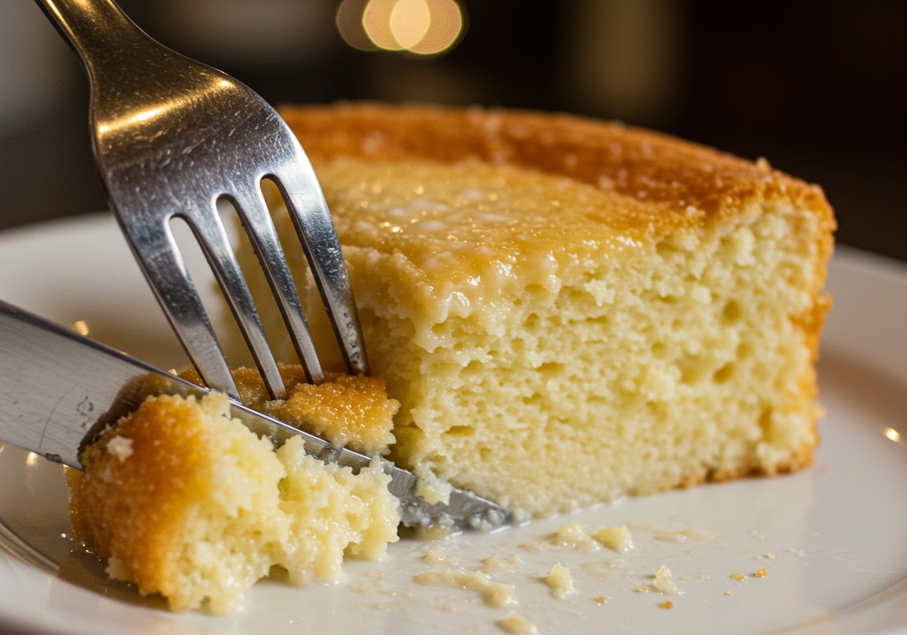 A close-up of a fork cutting into a slice of Tres Leches cake, showing the moist, soaked texture of the cake.