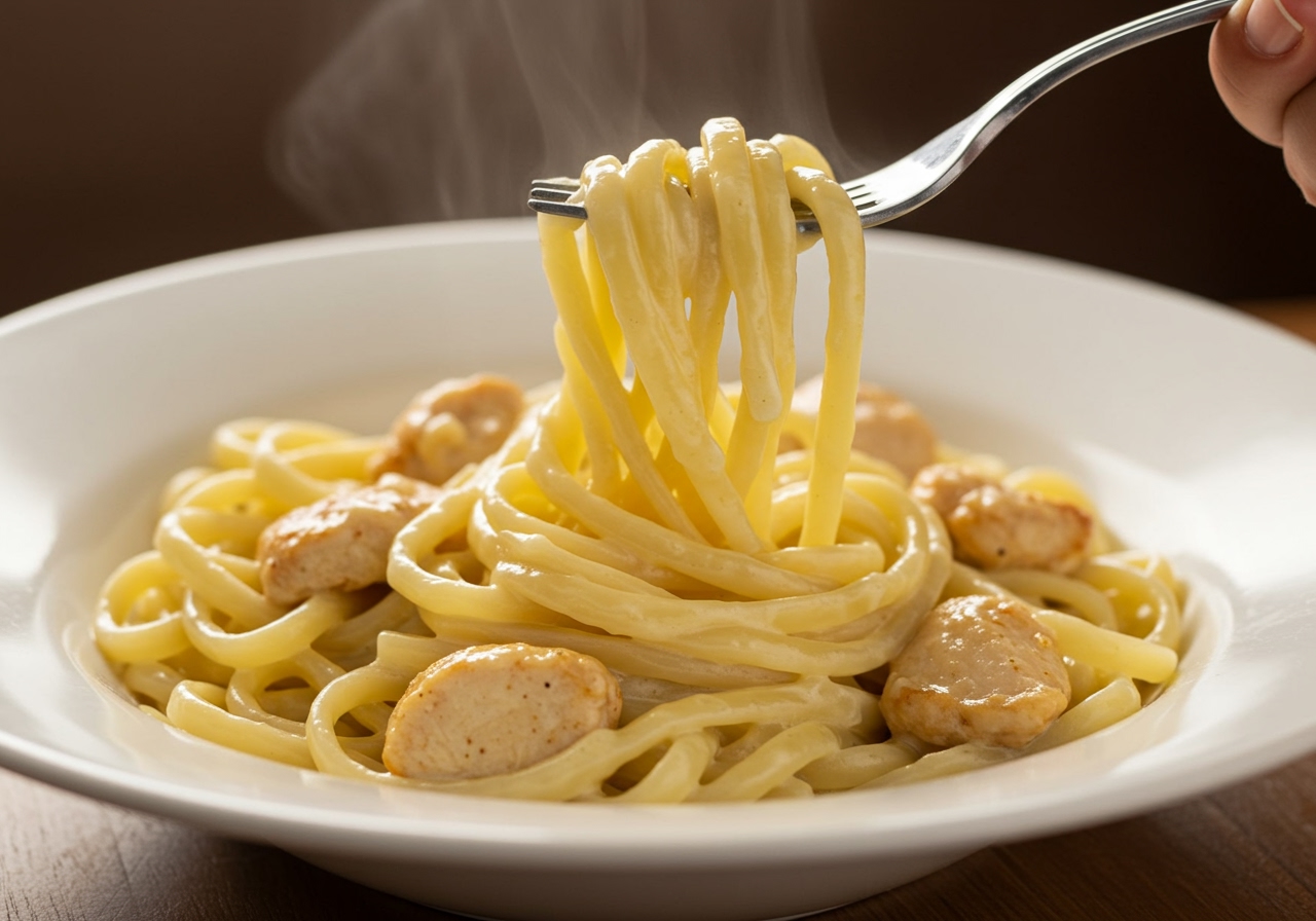 A close-up of a fork twirling creamy Chicken Alfredo pasta, steam gently rising, showing the texture of the sauce and pasta.