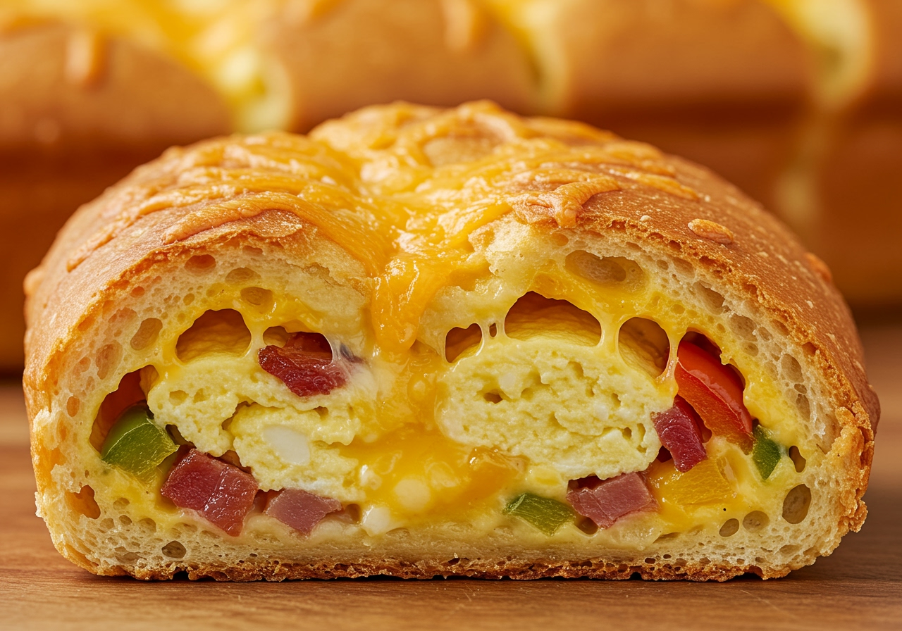 A close-up of a freshly baked easy scrambled egg style brunch bread, showing melted cheese and visible fillings.