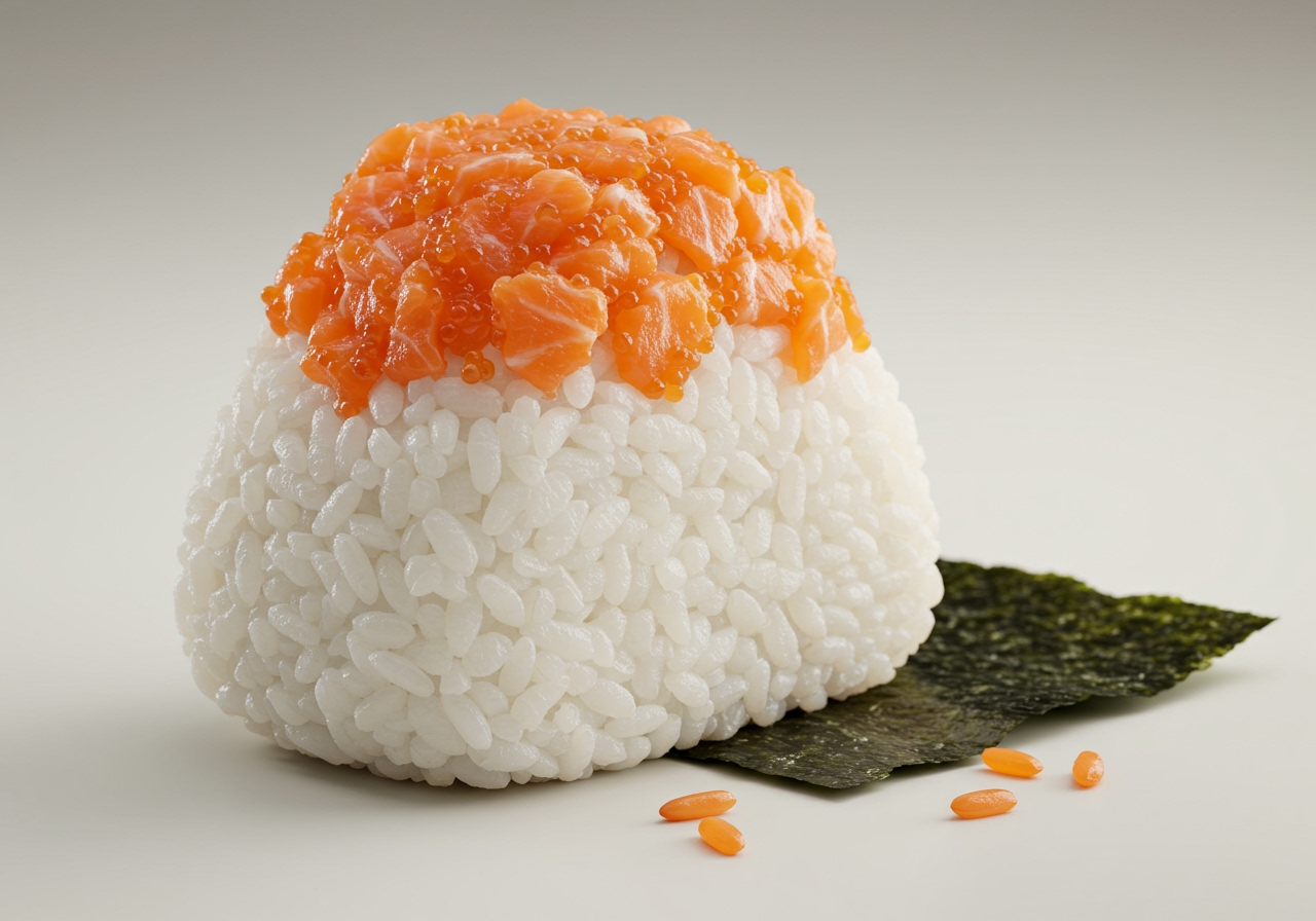A close-up of a freshly made salmon flake onigiri, perhaps with nori wrap.