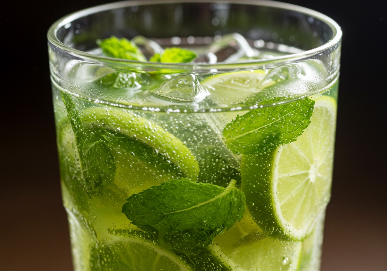 A close-up of a glass of homemade Mojito with condensation, showing fresh mint leaves and lime slices.