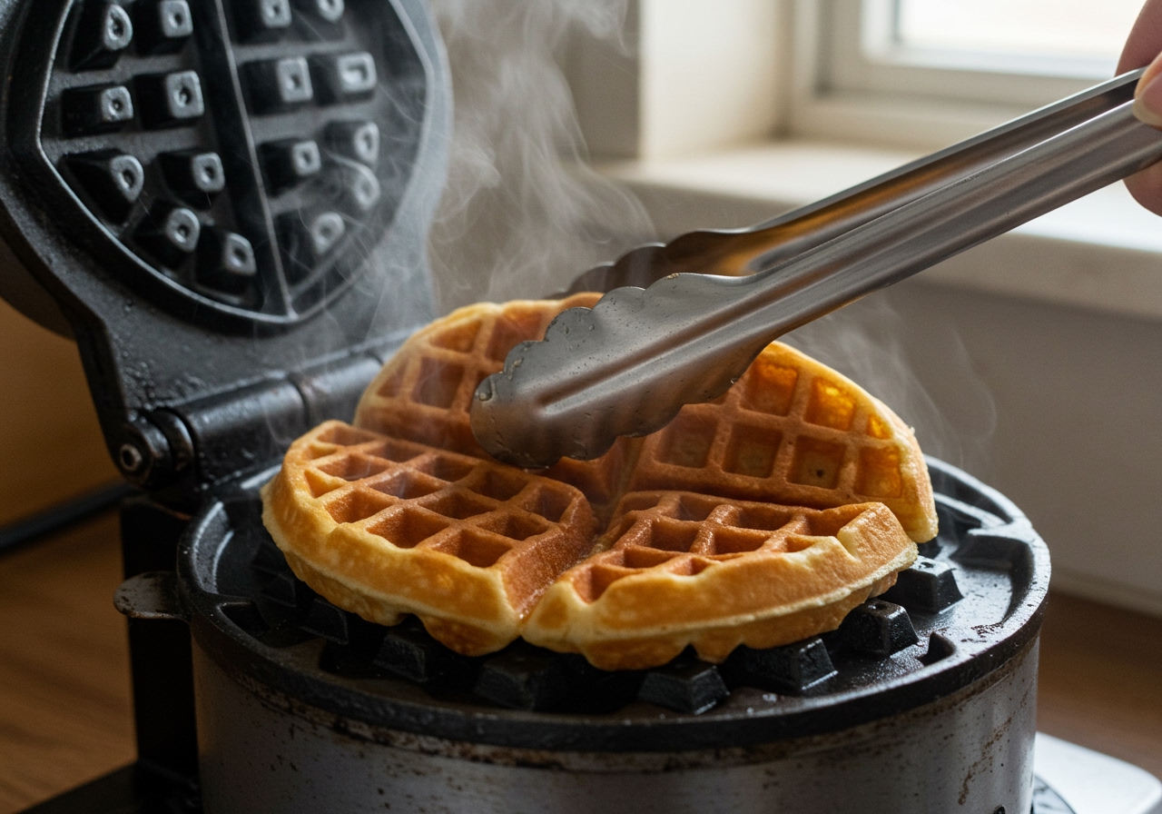 A close-up of a golden-brown Belgian waffle being removed from a hot waffle iron with tongs. Steam is gently rising from the waffle.