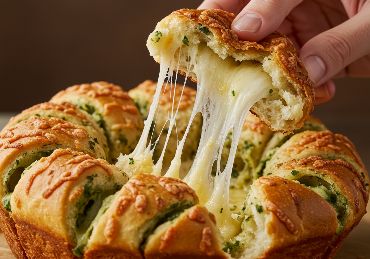 A close-up of a hand pulling a piece of the baked pull-apart bread, showing the melted cheese stretch and the texture of the bread and fillings.