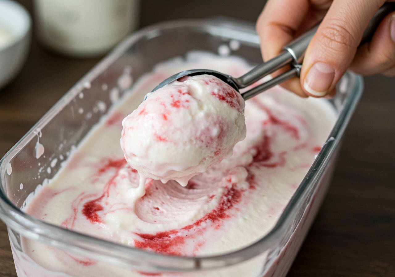 A close-up of a hand scooping homemade frozen yogurt from a container.